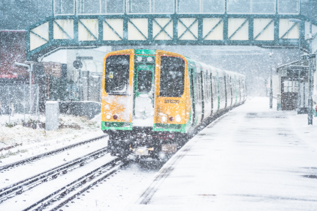 Train travelling in snow storm