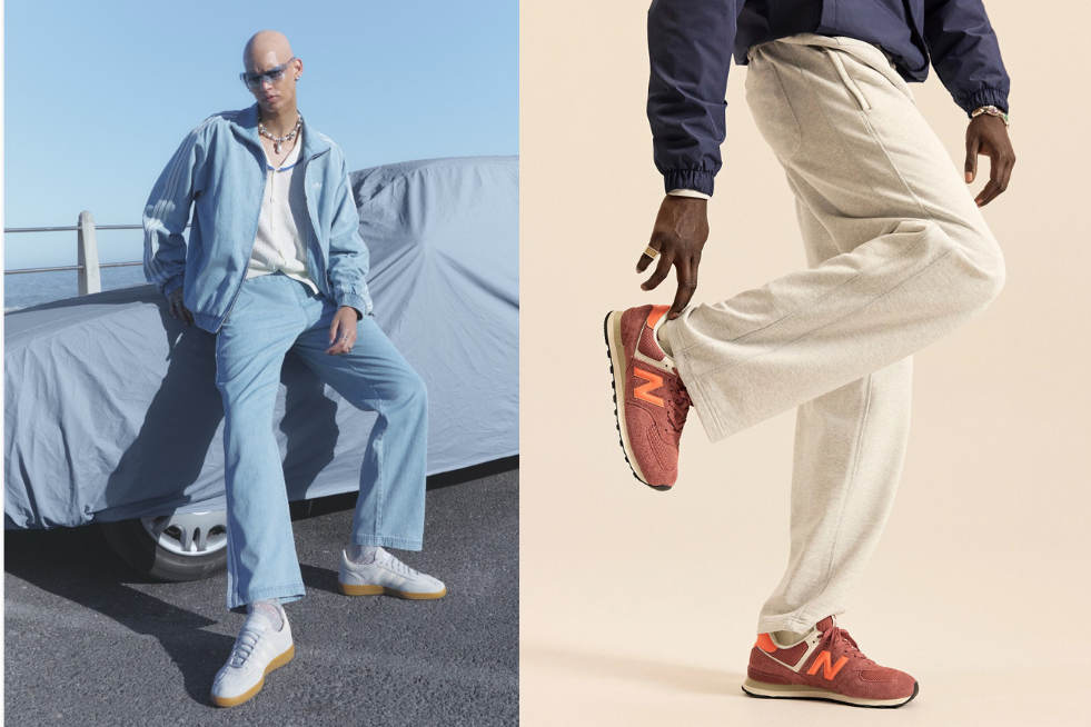 Side by side images of models wearing suede trainers from adidas and New Balance
