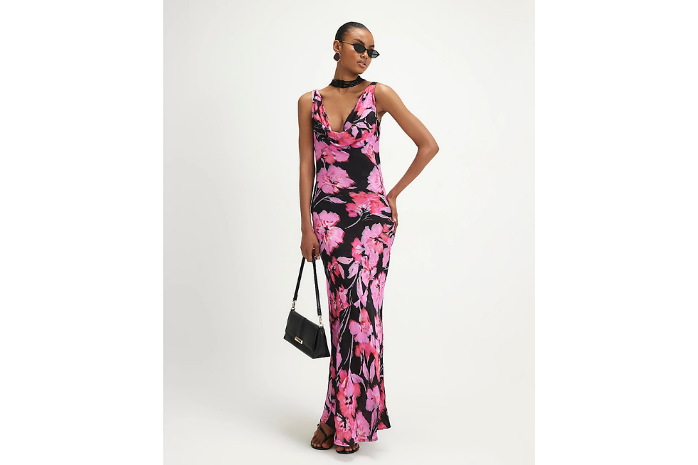 Black maxi dress with pink flowers