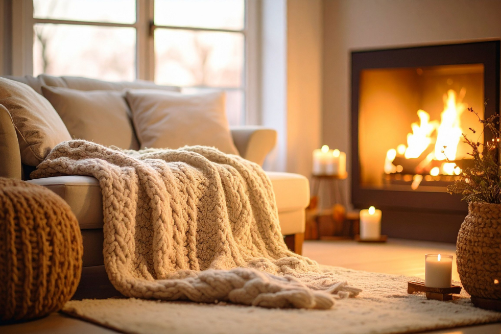 Cosy living room with blanket, rug, candles and a fire
