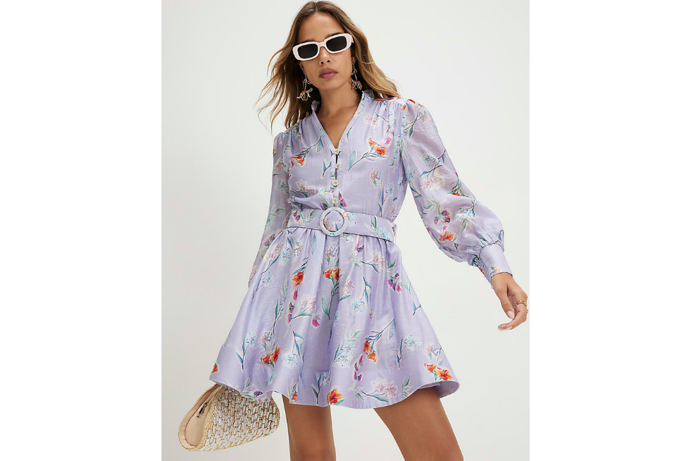 Short purple floral shirt dress