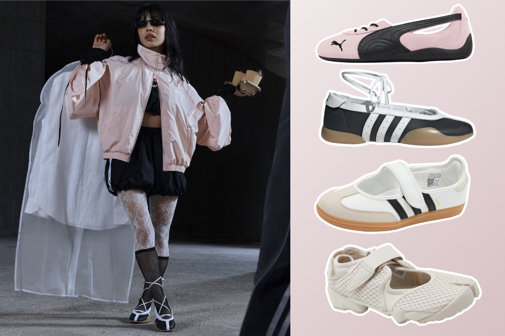 A model wearing sneakerina trainers, and four product shots of different trending styles