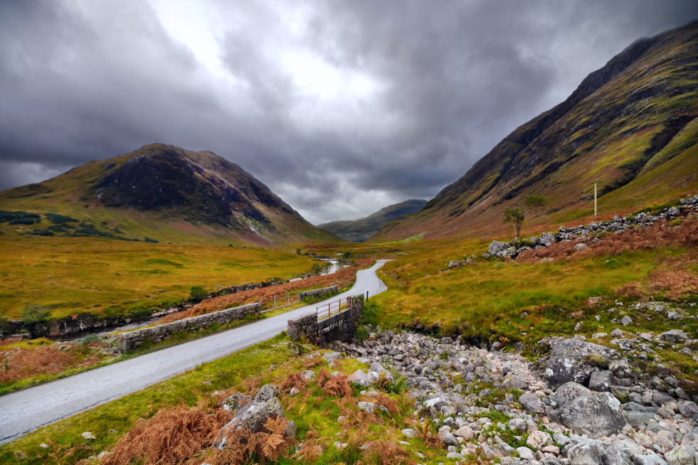Winding road between two hills
