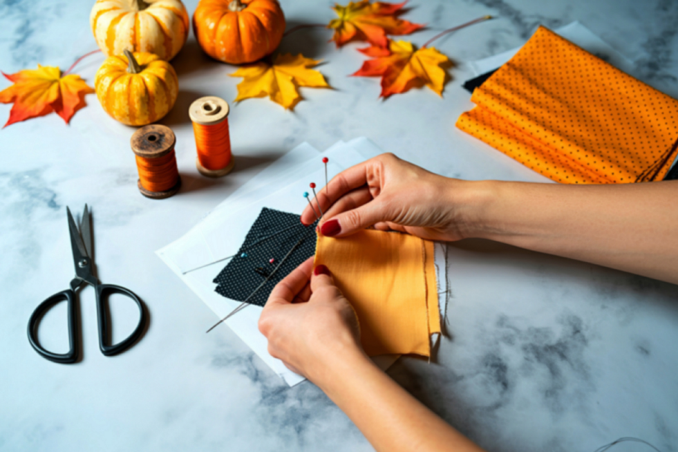 Orange pieces of fabric, scissors and pins 