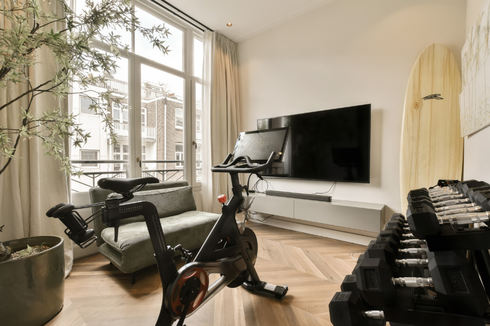 A home gym with an exercise bike