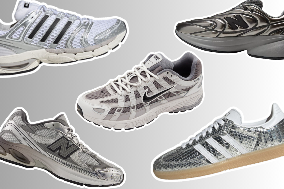 Collage of five silver and grey trainers 