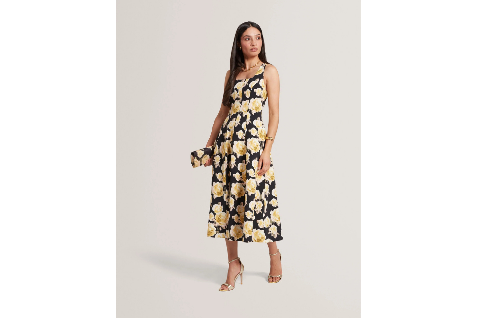 Black, white and yellow midi dress with flowers