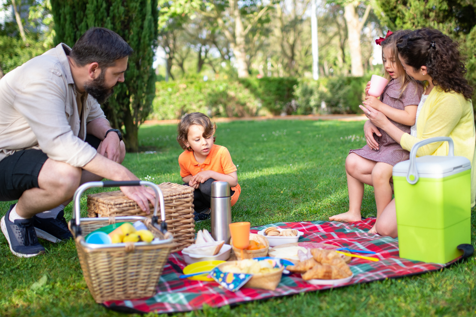 A family of four having a picnic in a park