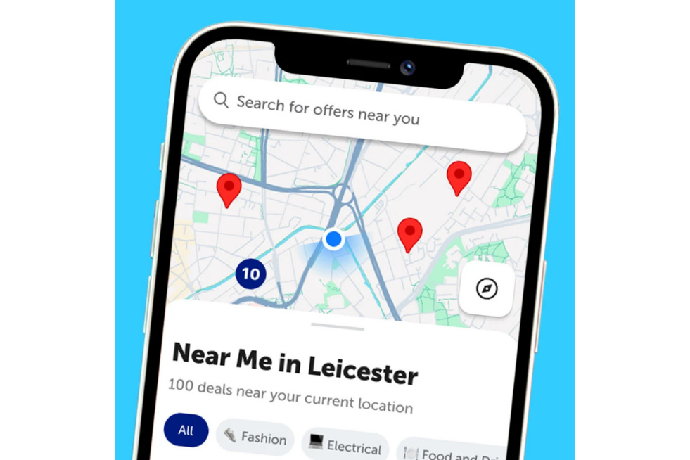 A map on a phone displaying offers nearby in Leicester