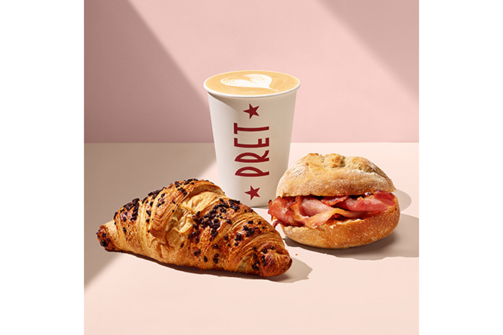 Pret coffee, chocolate croissant and bacon roll 