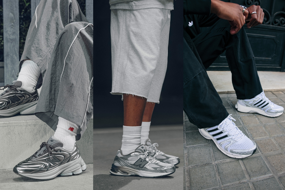 Silver trainers from New Balance and adidas worn by models