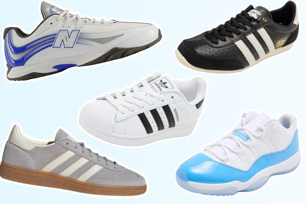 Collage of 5 retro style trainers from New Balance, adidas and Nike