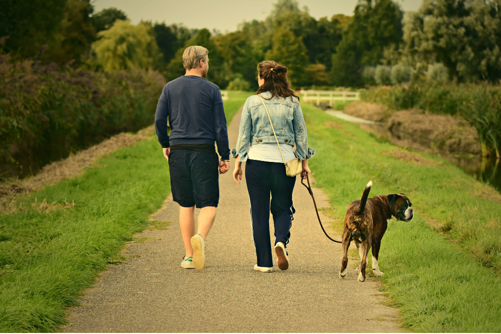 Man and woman walking their dog along a trail 