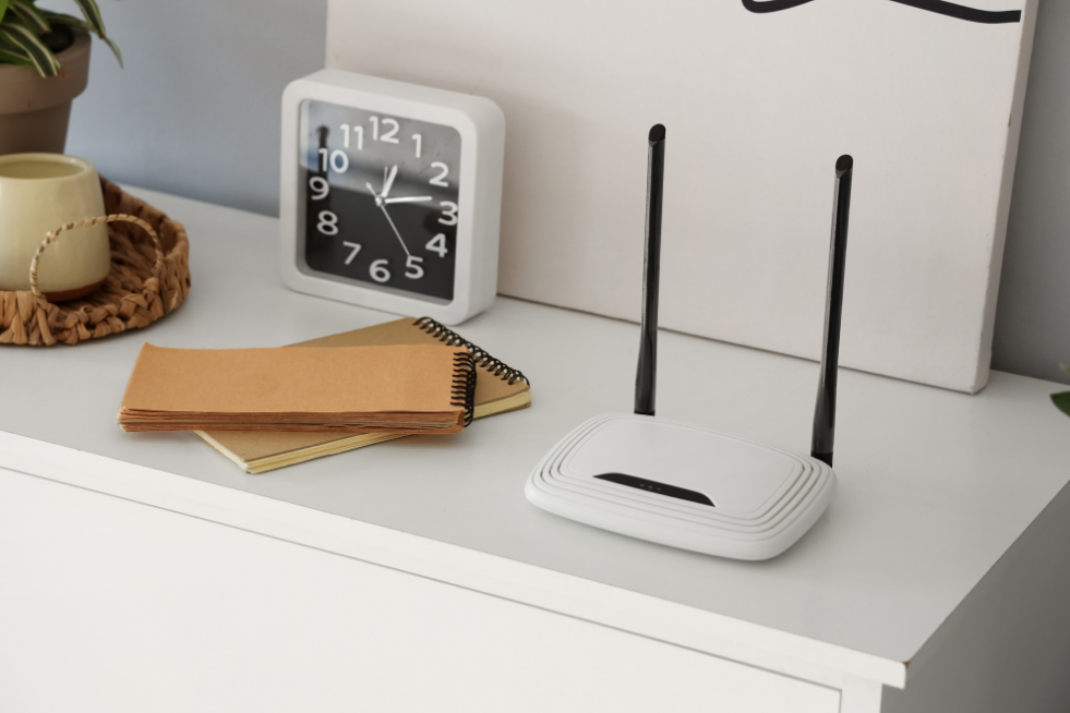 Broadband router, notepads and a clock