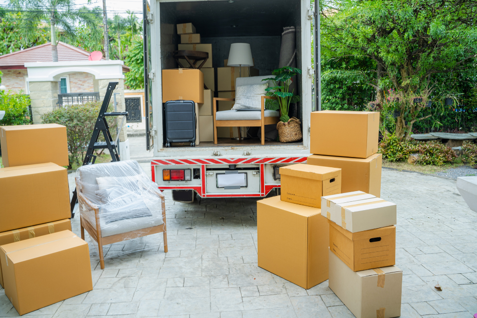 Moving van full of boxes and furniture