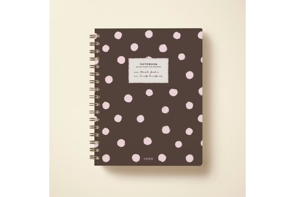 Brown and pink polka dot spiral notebook