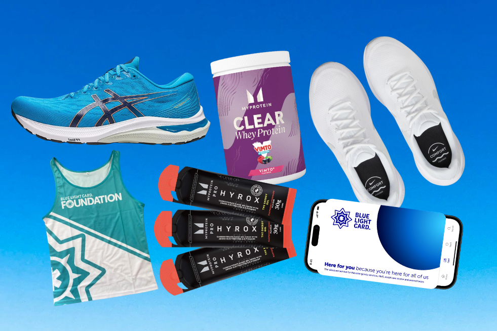 ASICS and Nike trainers, MyProtein nutrition products, a Blue Light Card Foundation running top and a Blue Light Card on a phone, all against a blue background. 