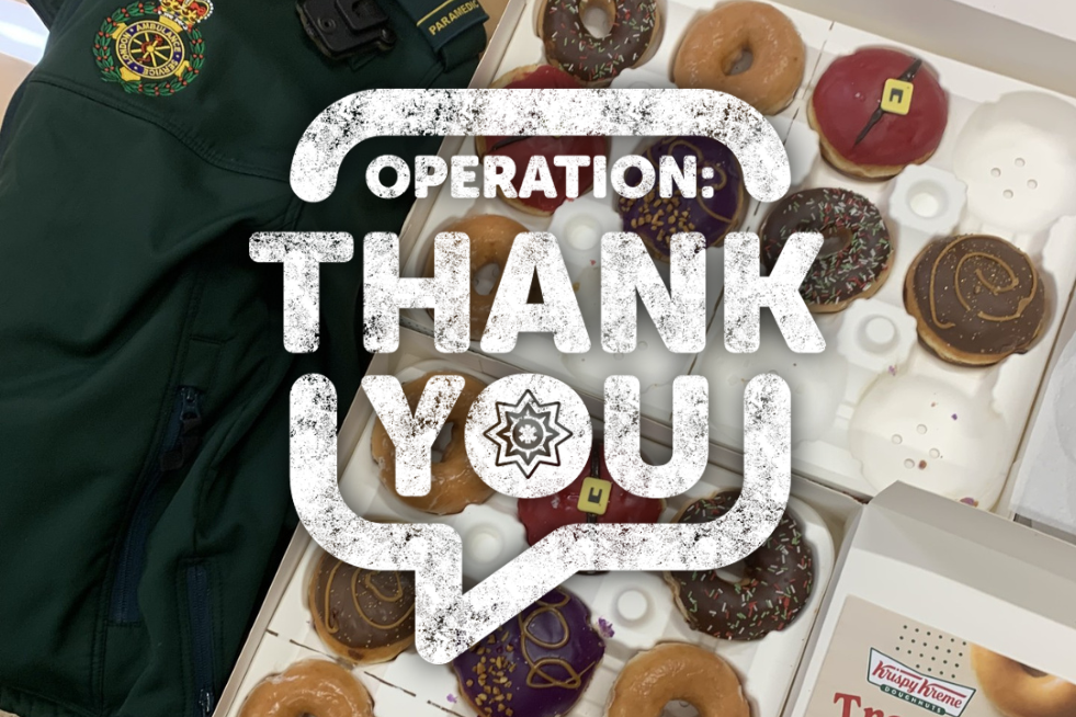 Operation Thank You logo over krispy kreme doughnuts