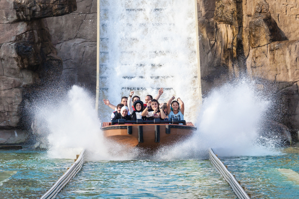 A group coming down a log flume