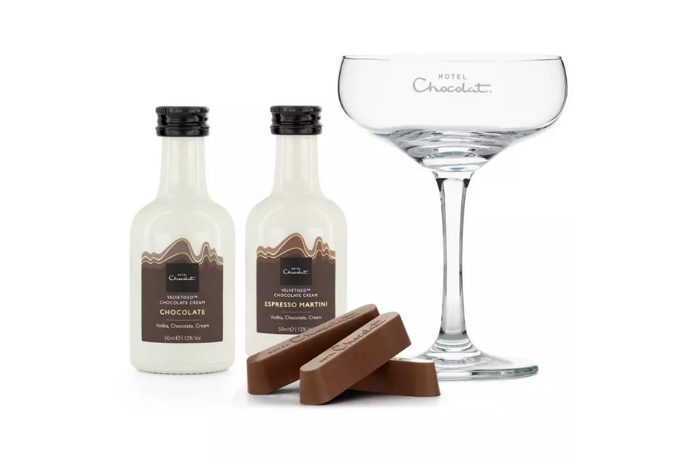 Hotel Chocolat glass, spirits and chocolate batons