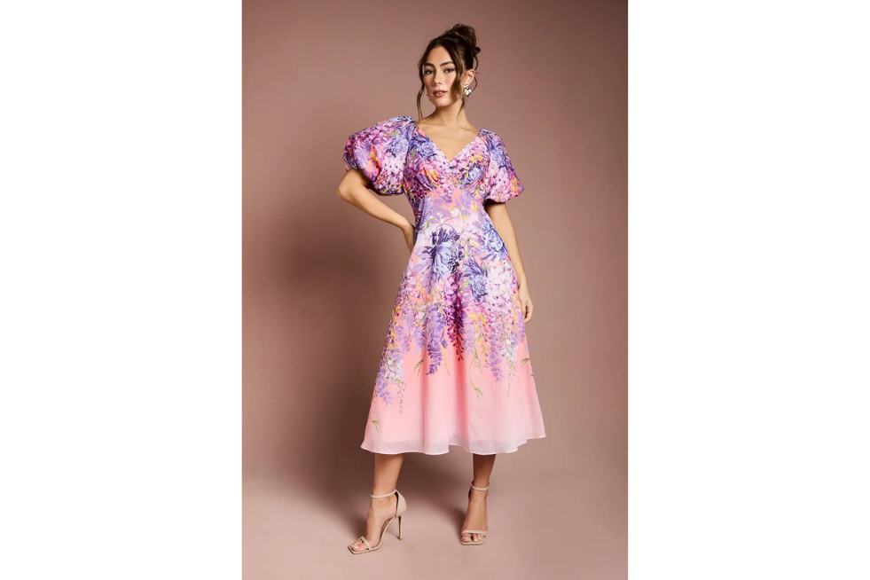 Pink midi dress with puff sleeves
