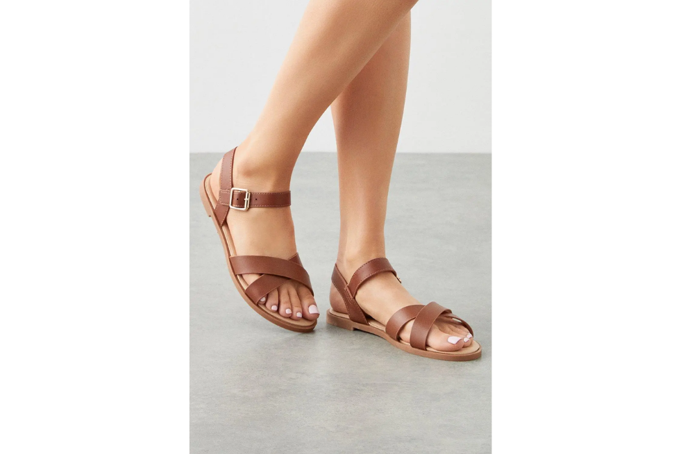 Brown sandals on a model