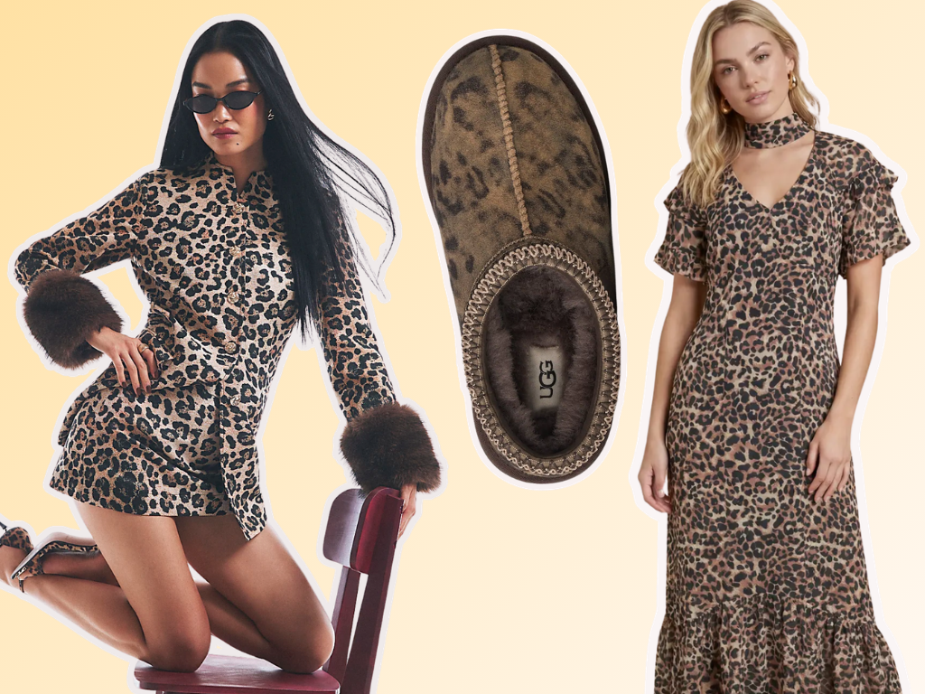 Leopard print mini skirt, shoe and dress
