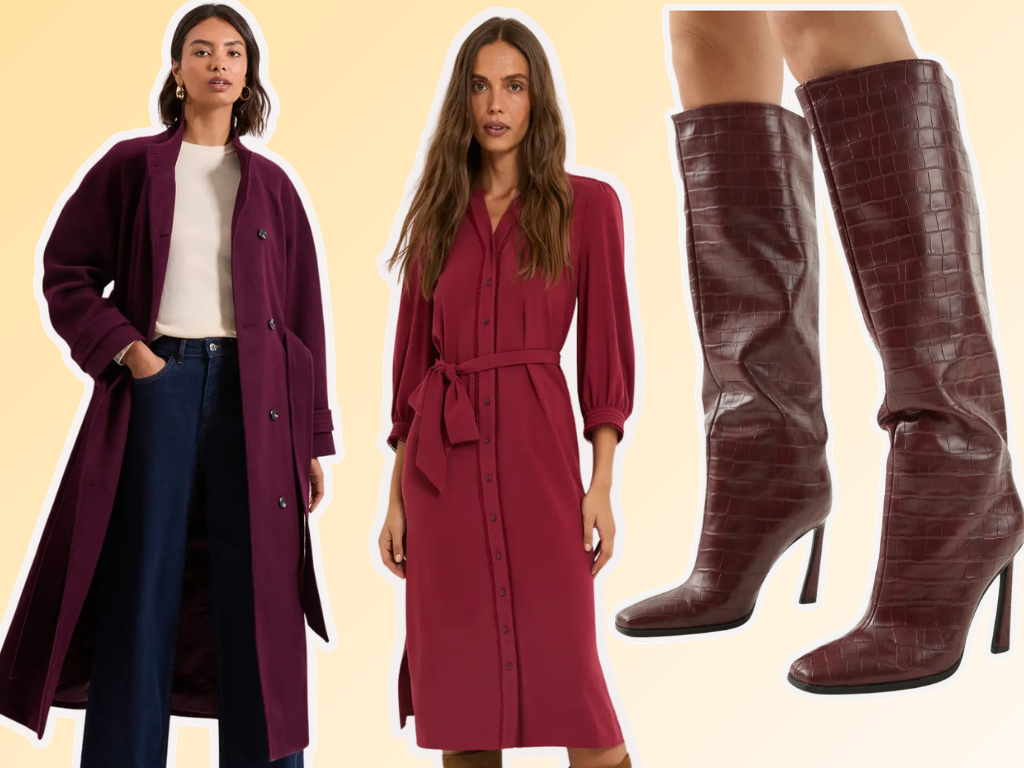 Burgundy coat, shirt dress and heeled boots