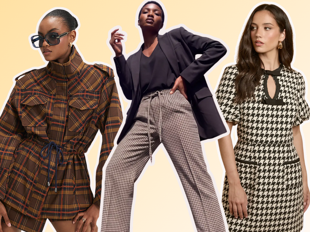 Checked parka, dogtooth trousers and dress