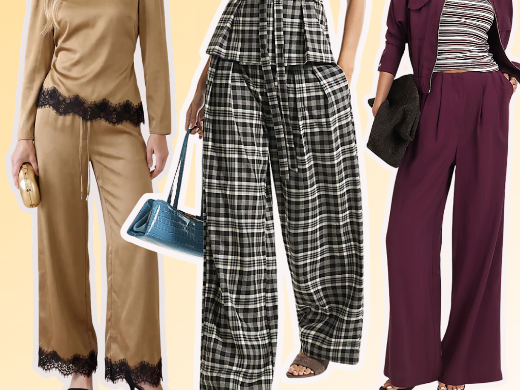 Olive, checked and burgundy wide-leg trousers
