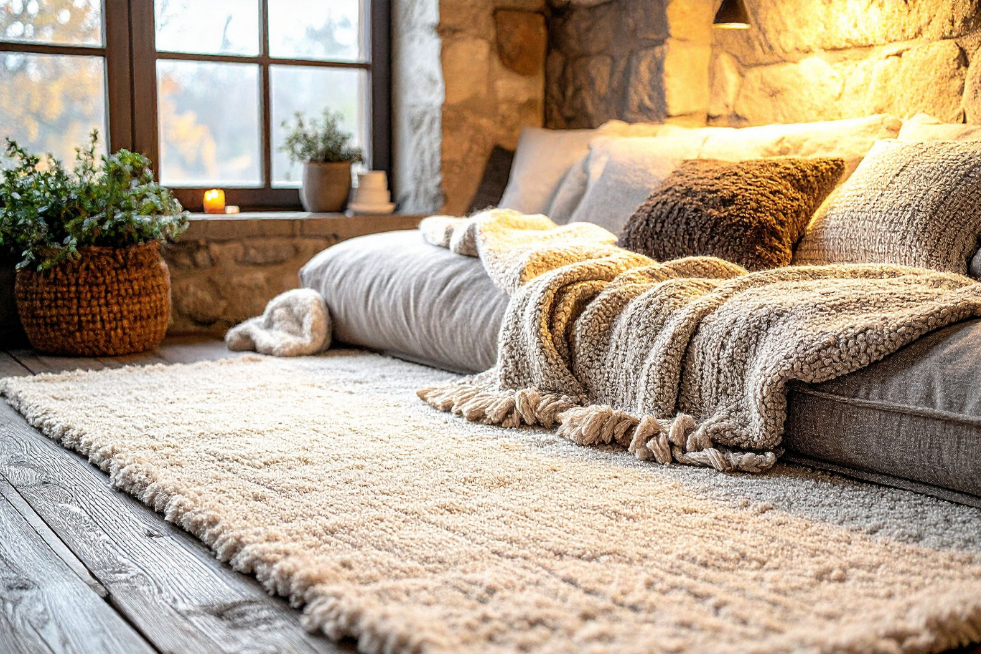 A sofa with blankets and cushions with a rug underneath 