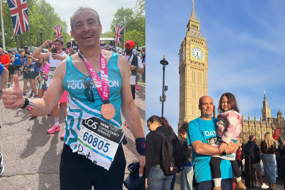 On the left: Pete smiling post-race, wearing a Blue Light Card foundation top and a medal. On the right: Dave, holding his daughter in front of Big Ben. 