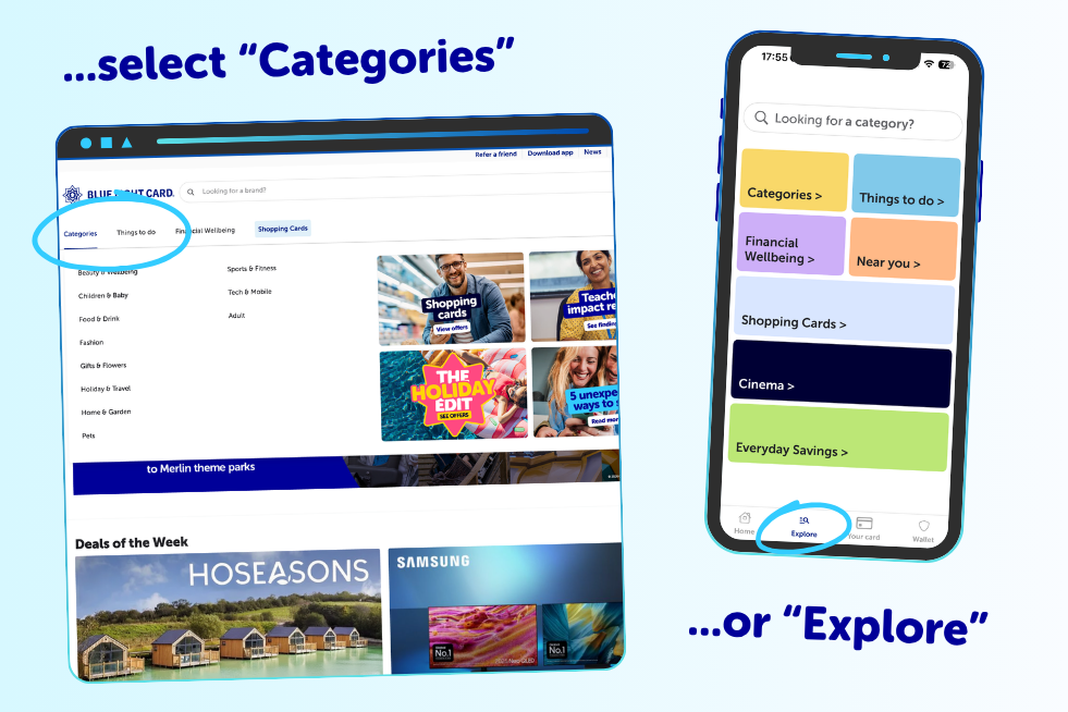 Category page on Blue Light Card website and app