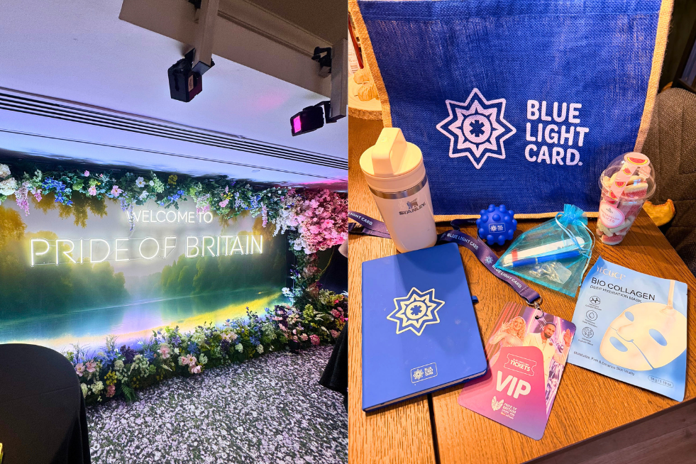 Pride of Britain sign and Blue Light Card goody bag