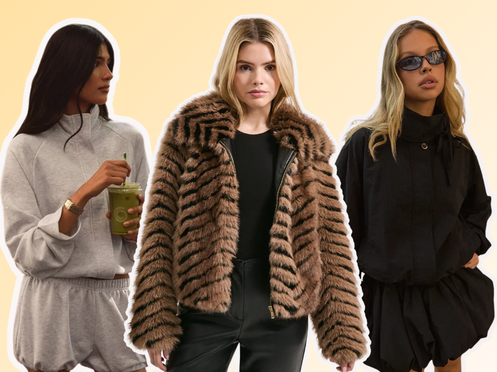 Grey sweatshirt, brown fur coat and black jacket