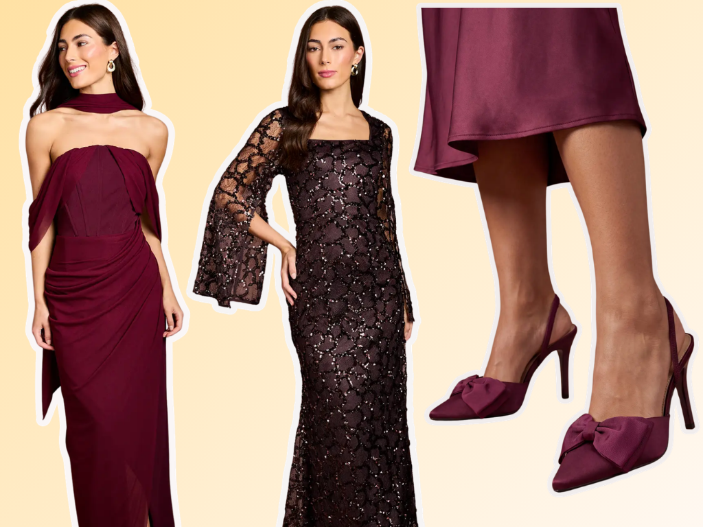 Burgundy dress, black sparkly dress and burgundy heels
