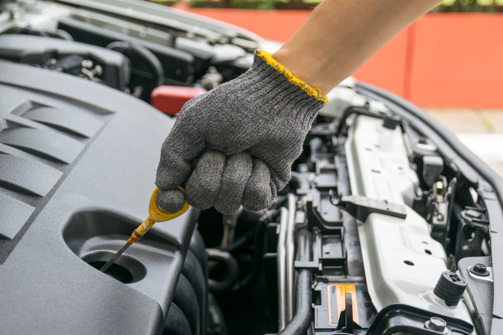 A person checking the engine oil level with a dipstick
