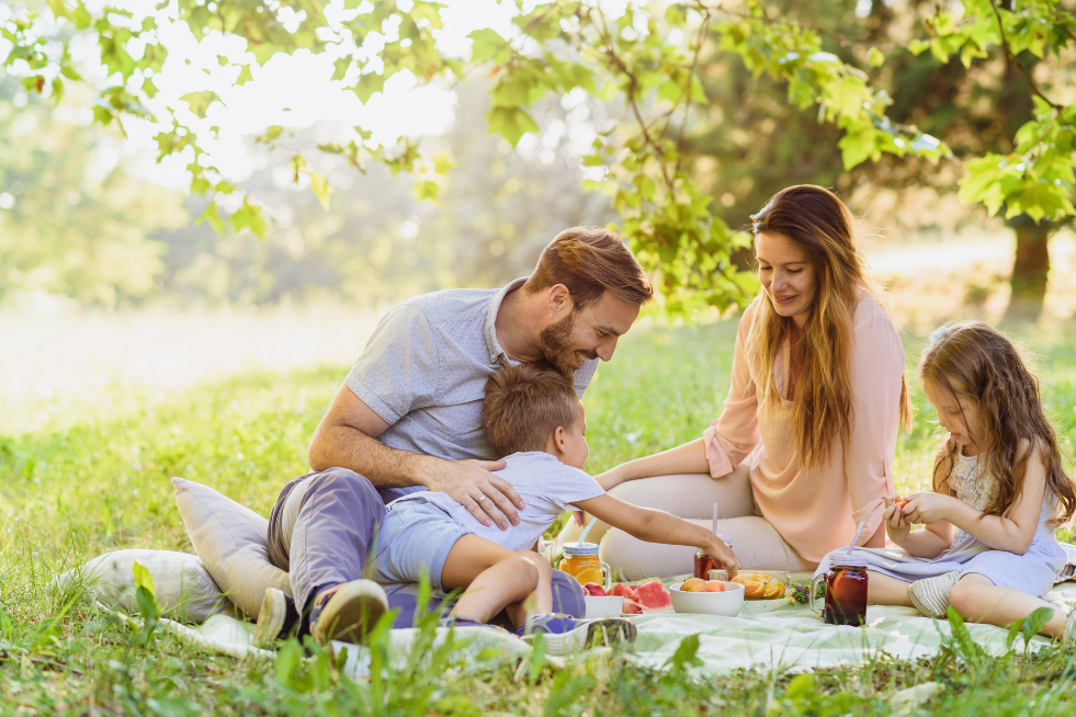 A family of four having a picnic in a park