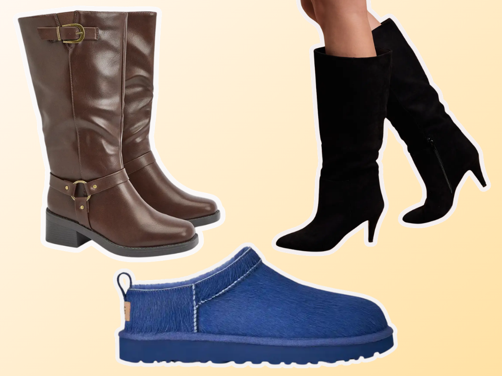 Brown leather boots, black heeled boots and blue ankle boots