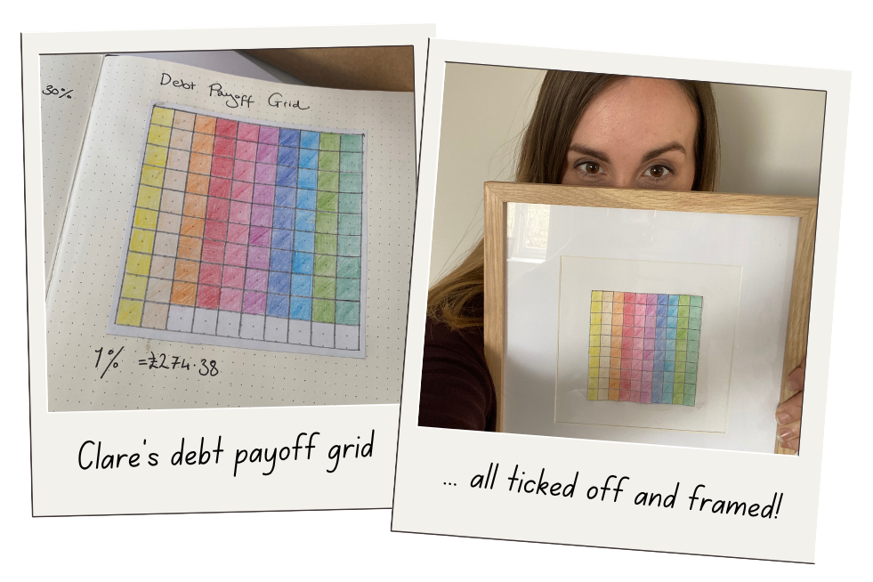 Clare and her debt payoff grid on a piece of paper, half coloured in then fully coloured in and framed