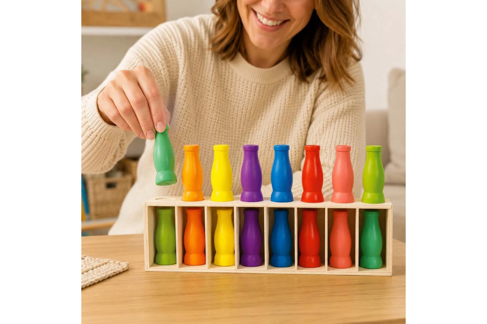 Woman playing a game with lots of coloured bottles