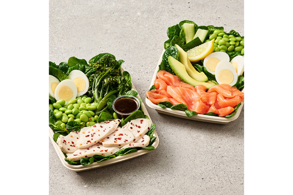 Pret salad boxes with eggs, chicken, beans and salmon
