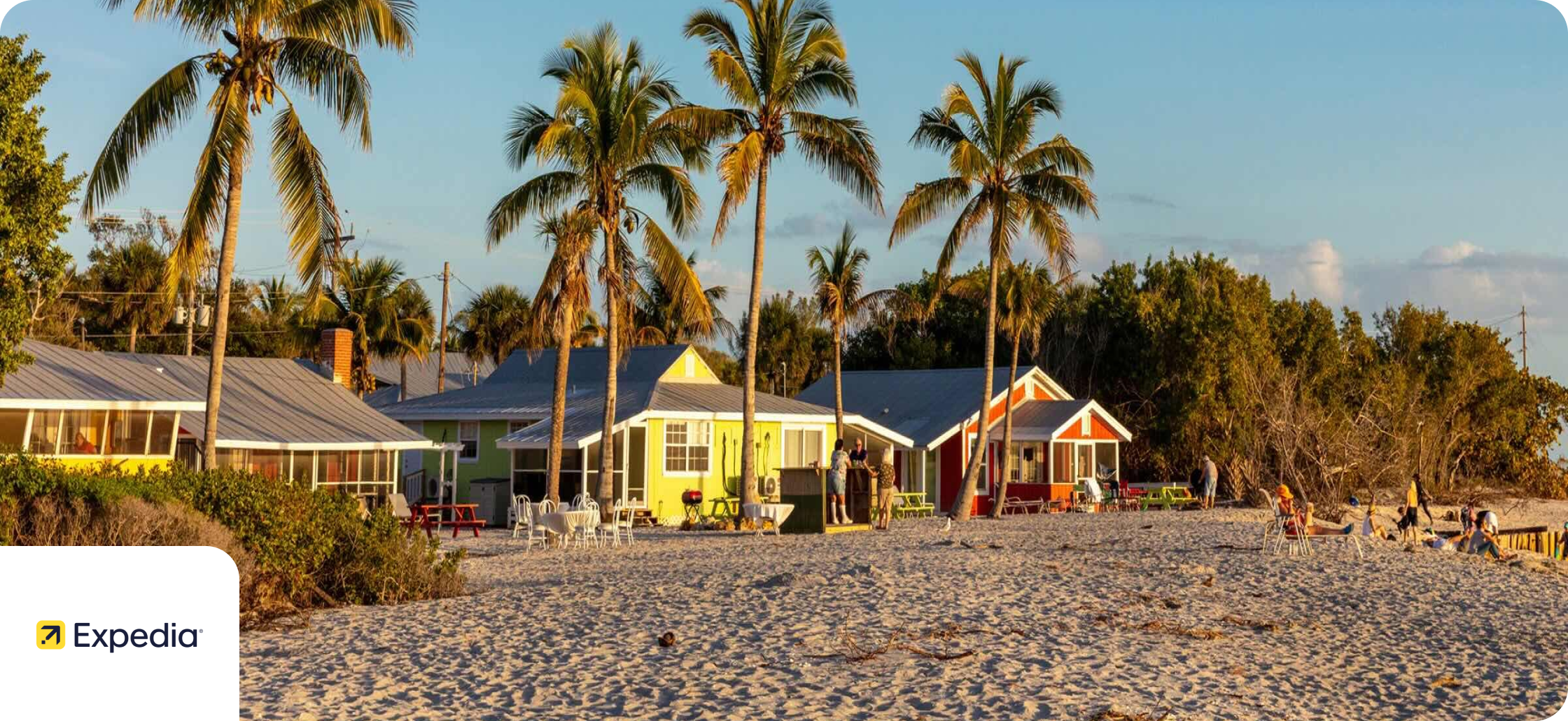 Expedia discounts banner image showing a beach and palm trees