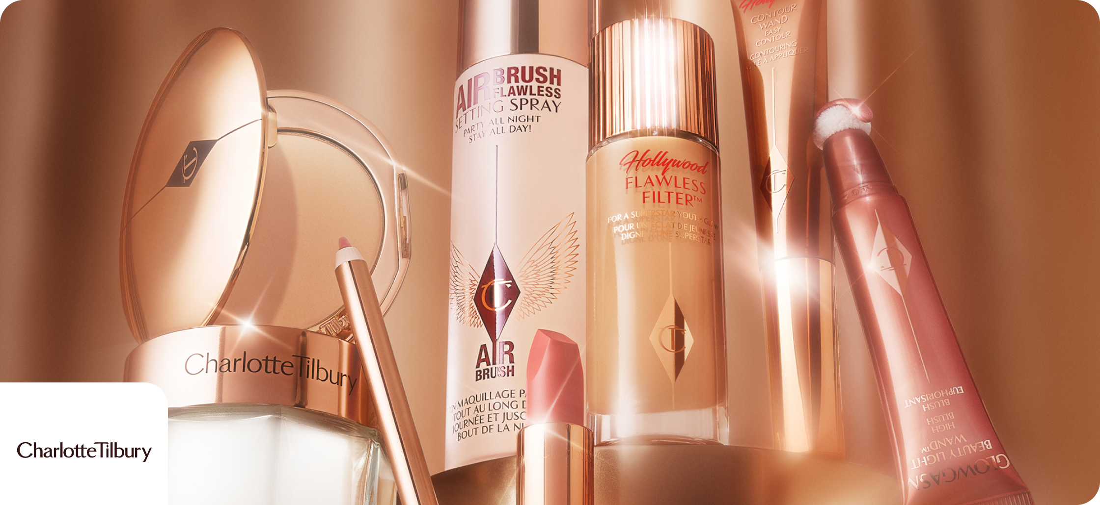 Charlotte Tilbury discounts banner image showing a range of cosmetics