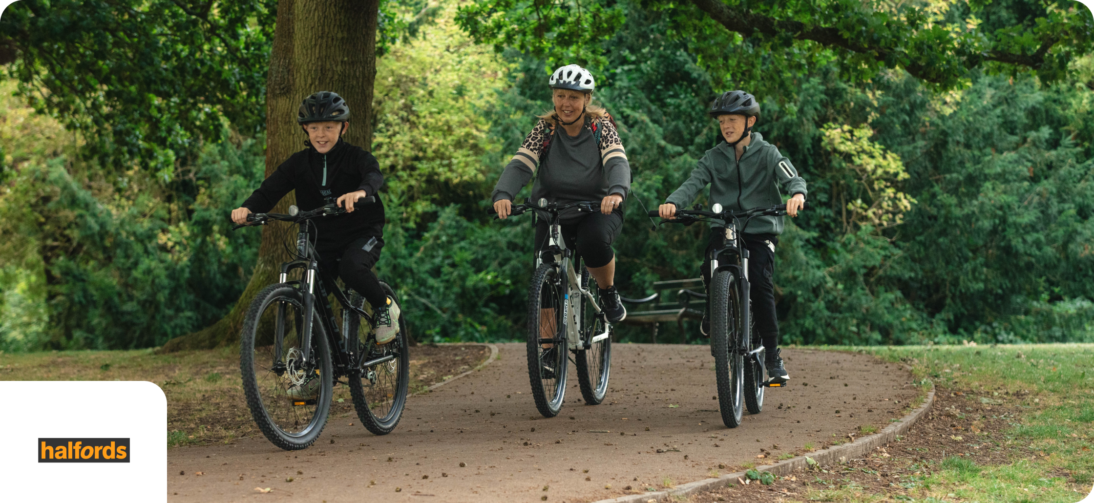 Halfords Blue Light Card discounts banner showing 3 individuals on bicycles