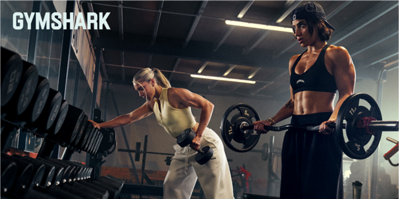 Gymshark Blue Light Card discount code banner showing 2 individuals wearing Gymshark apparel in the gym