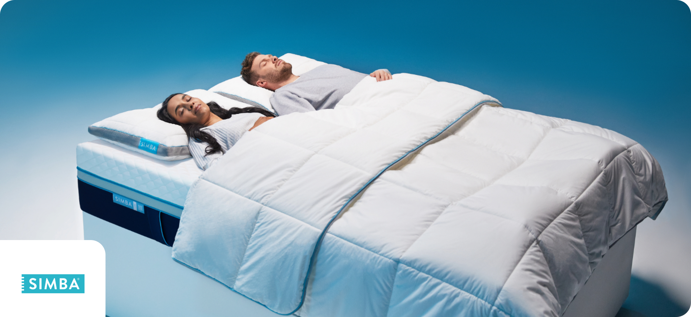 Simba Blue Light Card discounts banner showing a couple asleep on a Simba Sleep mattress