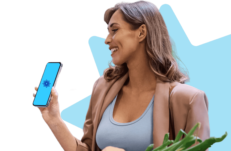 Woman using the Blue Light Card app on her phone while shopping